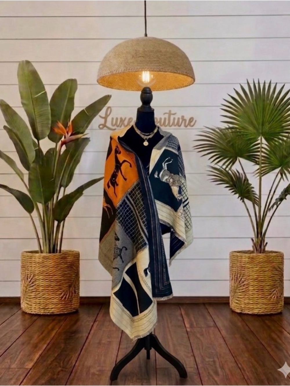 Luxury-Inspired Black & Orange Graphic Wrap Scarf